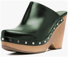 FYS Dark Green Round Toe Slip on Mules Rivet Studded High Heel Wedges Shoes